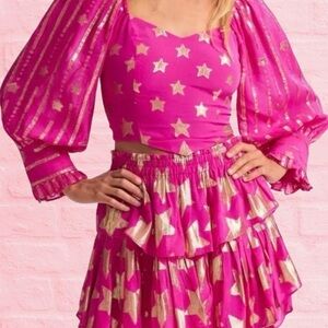 LoveShackFancy Hot Pink Metallic Gold Star Crop Top